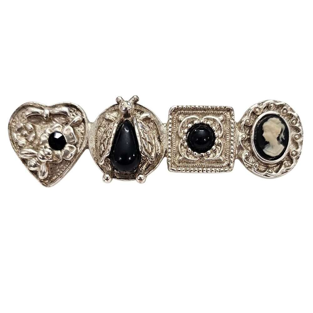 1928 Brand ST Victorian-Style Cameo Bug Heart Bar Brooch Rhinestone Pin, J2